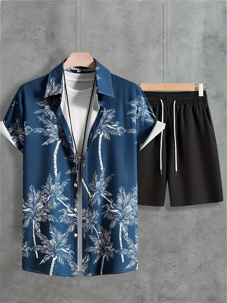 Men's Fashion Short-sleeved Shirt Set, Retro Black Pattern Printed Hawaiian Beach Vacation Style Men's Shirt Set