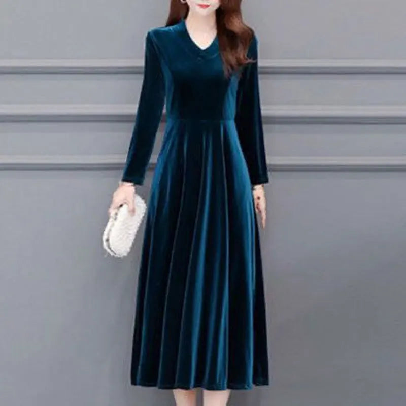 Women's Clothing Solid Color Velvet Dresses Elegant V-Neck Spring Autumn Long Sleeve All-match Casual A-Line Waist Long Dress