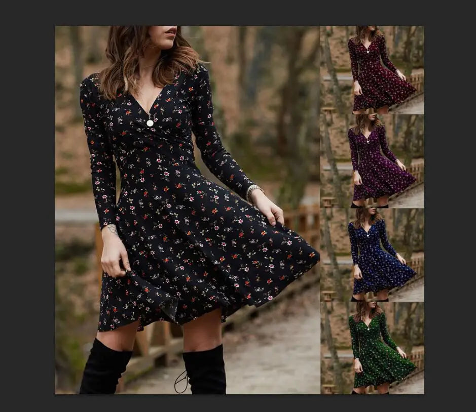 Autumn Floral Dress Women's Long-sleeved Sexy V-neck Pullover Dress Temperament Commuting Long Dress