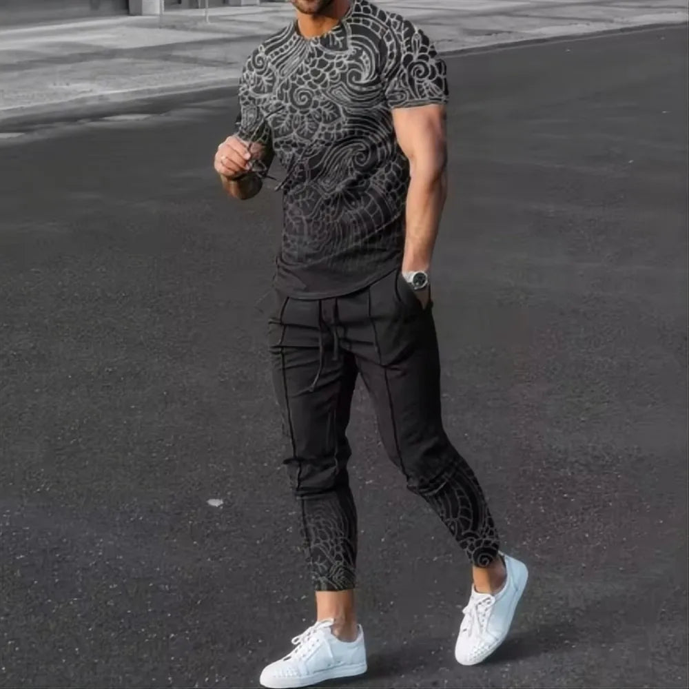 Summer fashion men's fashionable printed breathable comfortable round neck T-shirt and pants set outdoor comfortable casual set