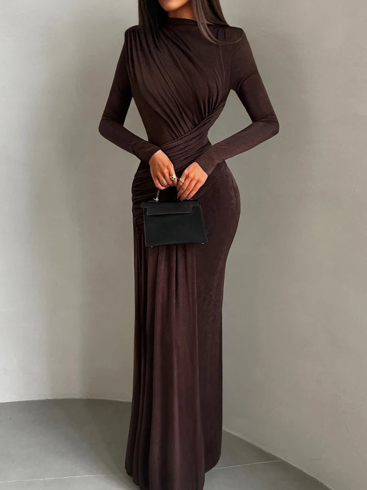 Sisterlinda Folds Maxi Dress Women o-Neck Full Sleeve Solid Banquet Elegant Vacation Fashion Autumn Skinny Casual Simple Vestido