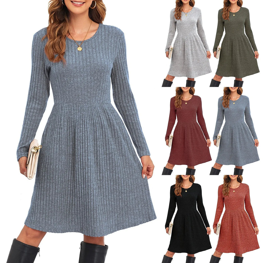 Autumn Women's Fashionable Mid-length Knitted Dress Solid-Color Round Neck Long Sleeve A-line Dress Casual Knee-length Dresses