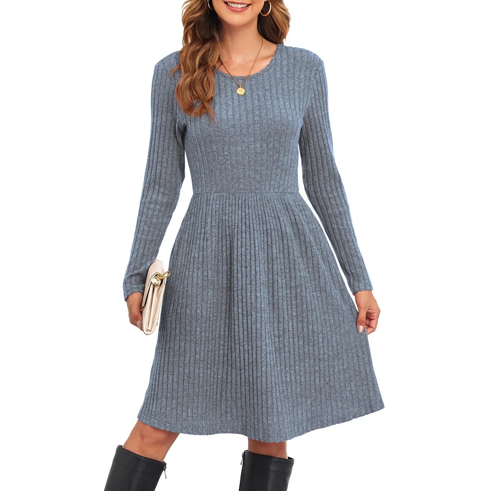 Autumn Women's Fashionable Mid-length Knitted Dress Solid-Color Round Neck Long Sleeve A-line Dress Casual Knee-length Dresses