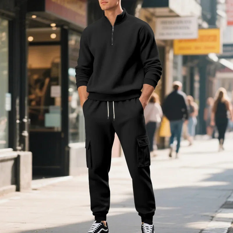 Men's Long-Sleeved Fleece Sweatshirt Suit Stand-up Collar Zipper American Men's Clothing Autumn Winter New 1/2pieces