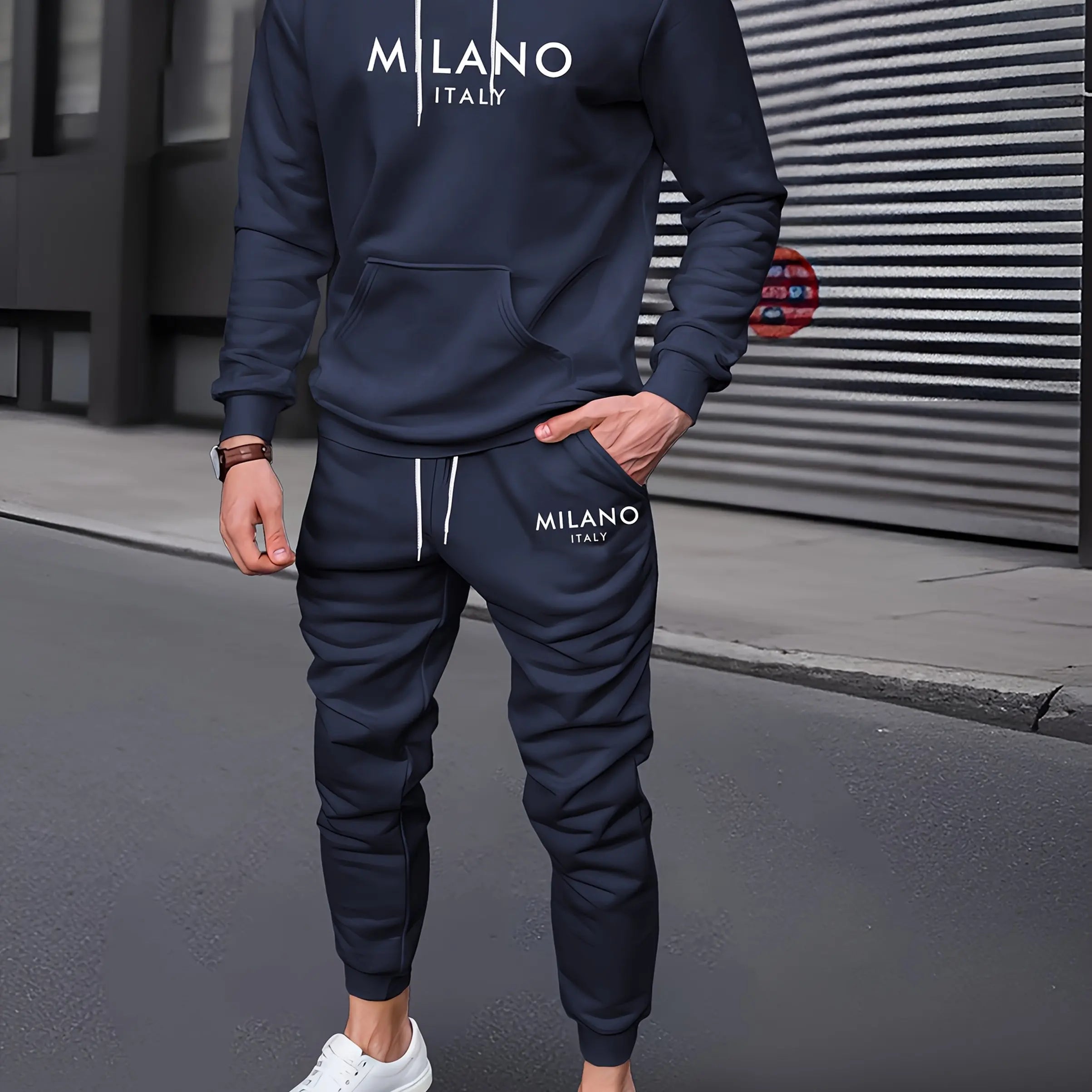 Men's Autumn/Winter Casual Warm MILANO ITALY Letter Printed Loose Thick Velvet Sports Hoodie+Sweatpants Set