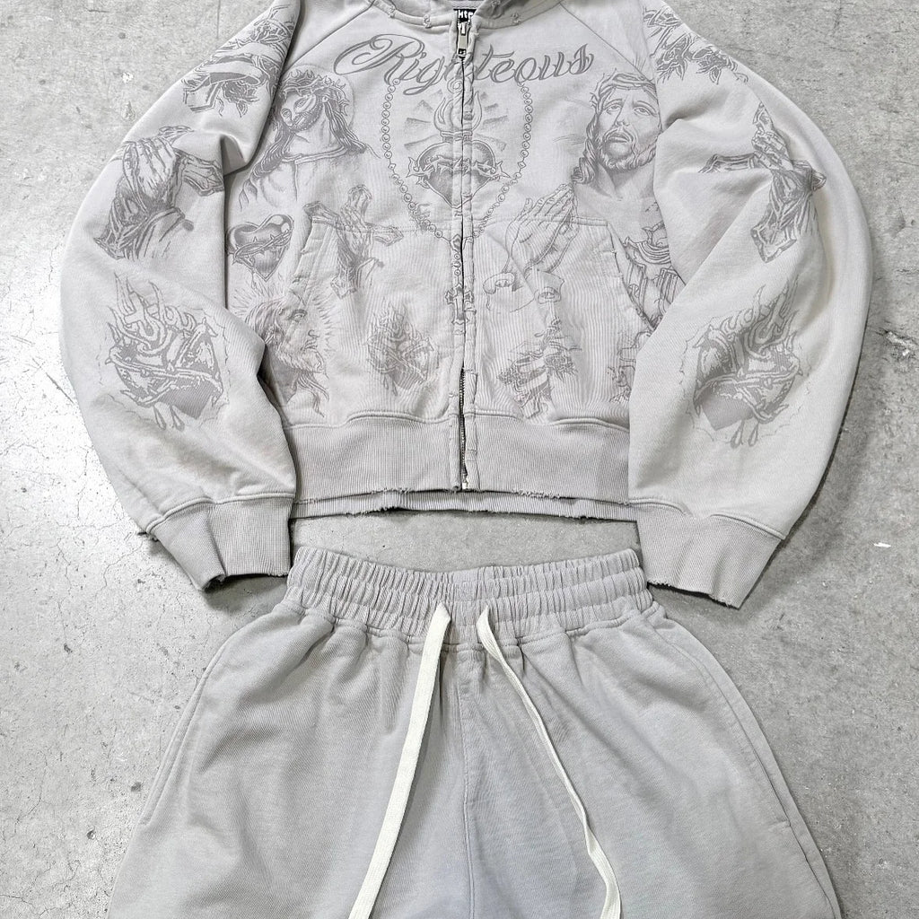 Tatted Believer Cropped Zip Up Sweatshirt and Sweatpants 2-piece Set Y2k Harajuku Men Women Tracksuit Hoodie Running Pants Suit