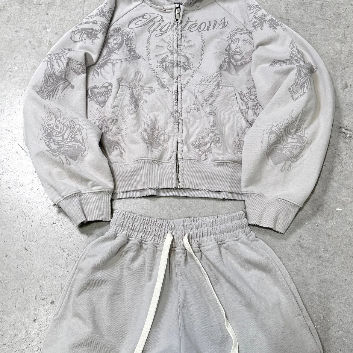 Tatted Believer Cropped Zip Up Sweatshirt and Sweatpants 2-piece Set Y2k Harajuku Men Women Tracksuit Hoodie Running Pants Suit