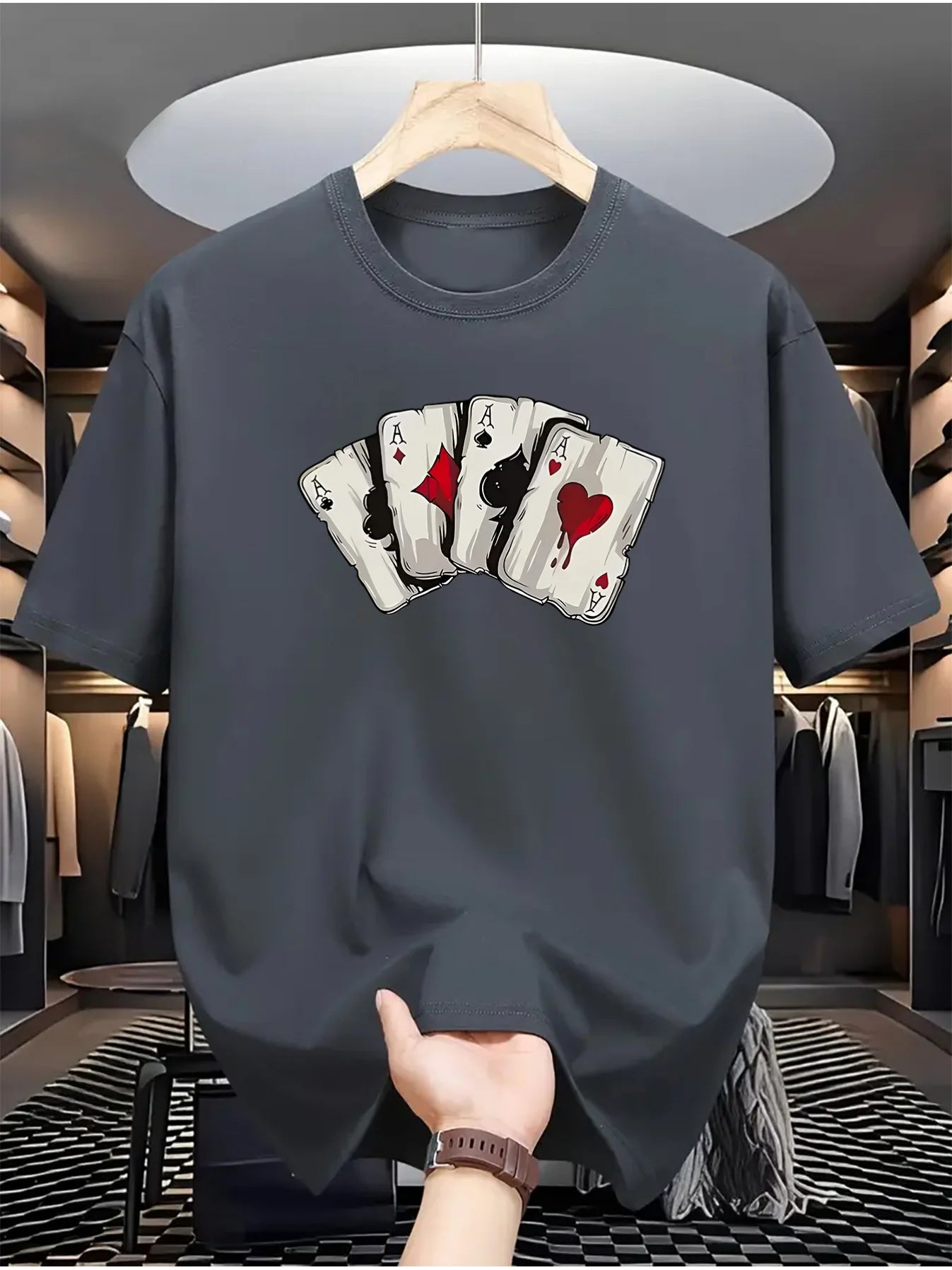 Summer men's 100% pure cotton poker card graphic print casual loose sports comfortable round neck short sleeved T-shirt top