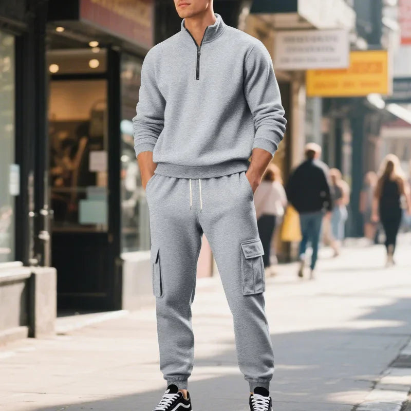 Men's Long-Sleeved Fleece Sweatshirt Suit Stand-up Collar Zipper American Men's Clothing Autumn Winter New 1/2pieces