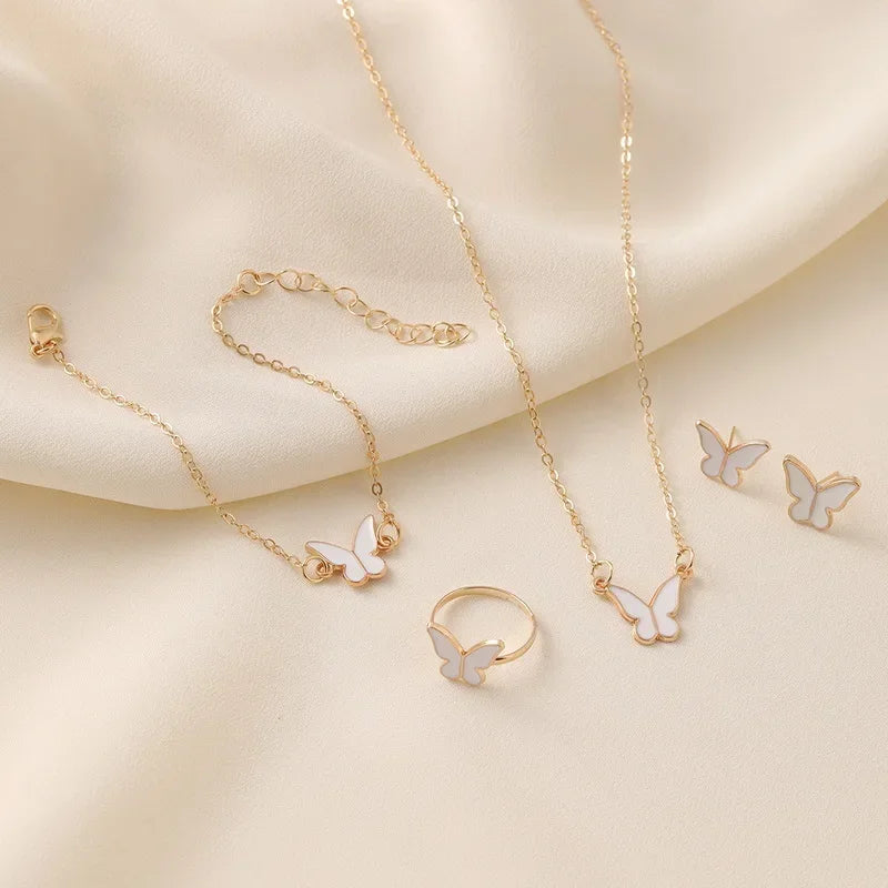 4Pcs/Set Fashion Butterfly Pendant Necklace Earrings Ring Bracelet Set For Women Engagement Wedding Jewelry Set Gift