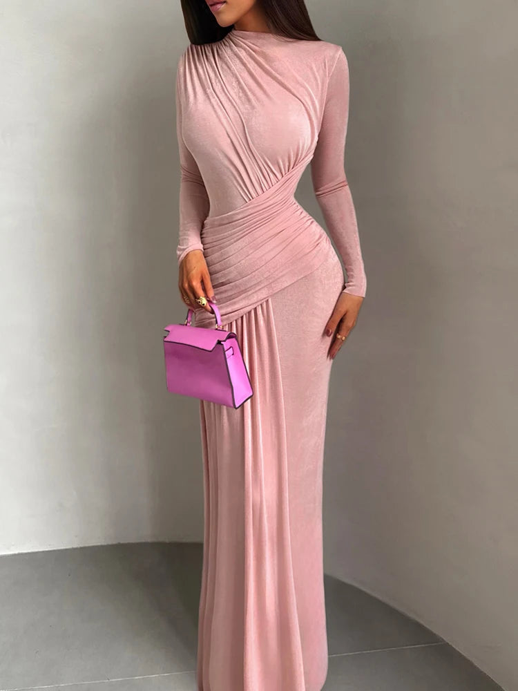 Sisterlinda Folds Maxi Dress Women o-Neck Full Sleeve Solid Banquet Elegant Vacation Fashion Autumn Skinny Casual Simple Vestido