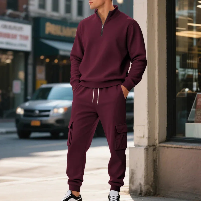 Men's Long-Sleeved Fleece Sweatshirt Suit Stand-up Collar Zipper American Men's Clothing Autumn Winter New 1/2pieces
