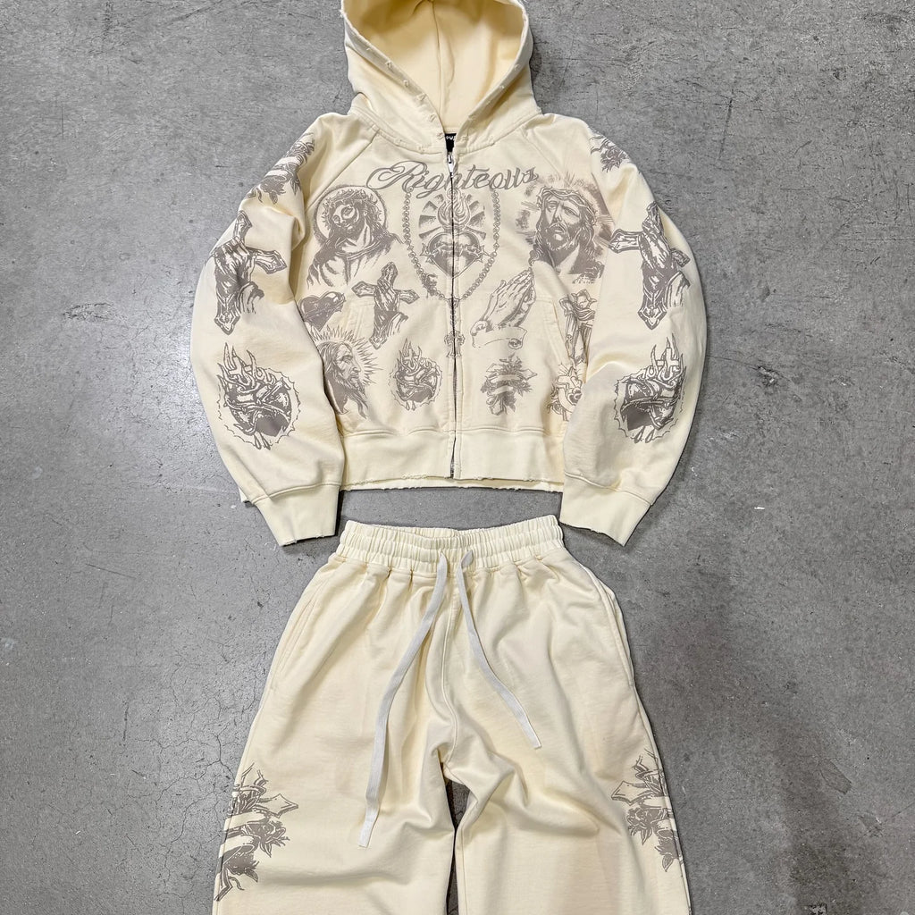 Tatted Believer Cropped Zip Up Sweatshirt and Sweatpants 2-piece Set Y2k Harajuku Men Women Tracksuit Hoodie Running Pants Suit