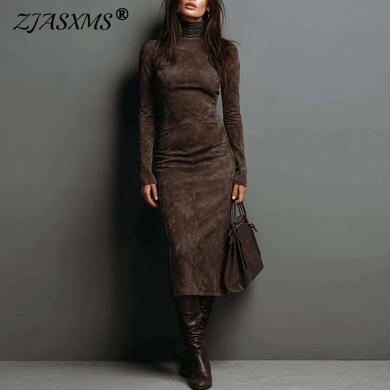 Retro Solid Suede Slim Fit Long Dresses Woman Fall Turtleneck High Waist Party Dress Winter Long Sleeve Pullover Female Clothing