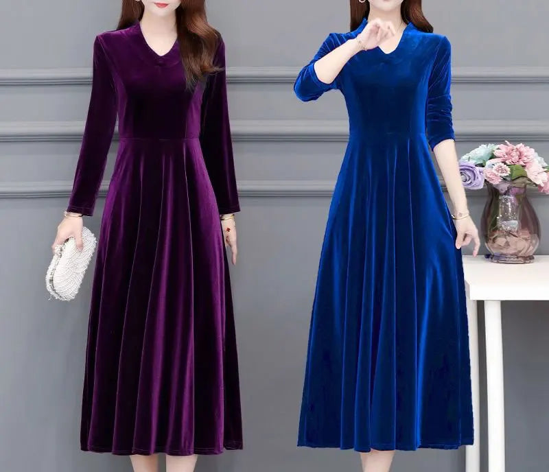 Women's Clothing Solid Color Velvet Dresses Elegant V-Neck Spring Autumn Long Sleeve All-match Casual A-Line Waist Long Dress