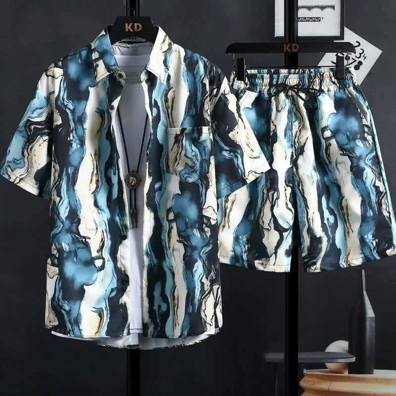 【M-3XL】New men's printed shirt sets,high quality fashion trend shorts,Hawaiian style casual floral tops, INS HOT men's and wom
