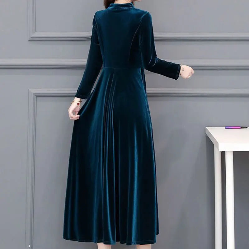 Women's Clothing Solid Color Velvet Dresses Elegant V-Neck Spring Autumn Long Sleeve All-match Casual A-Line Waist Long Dress