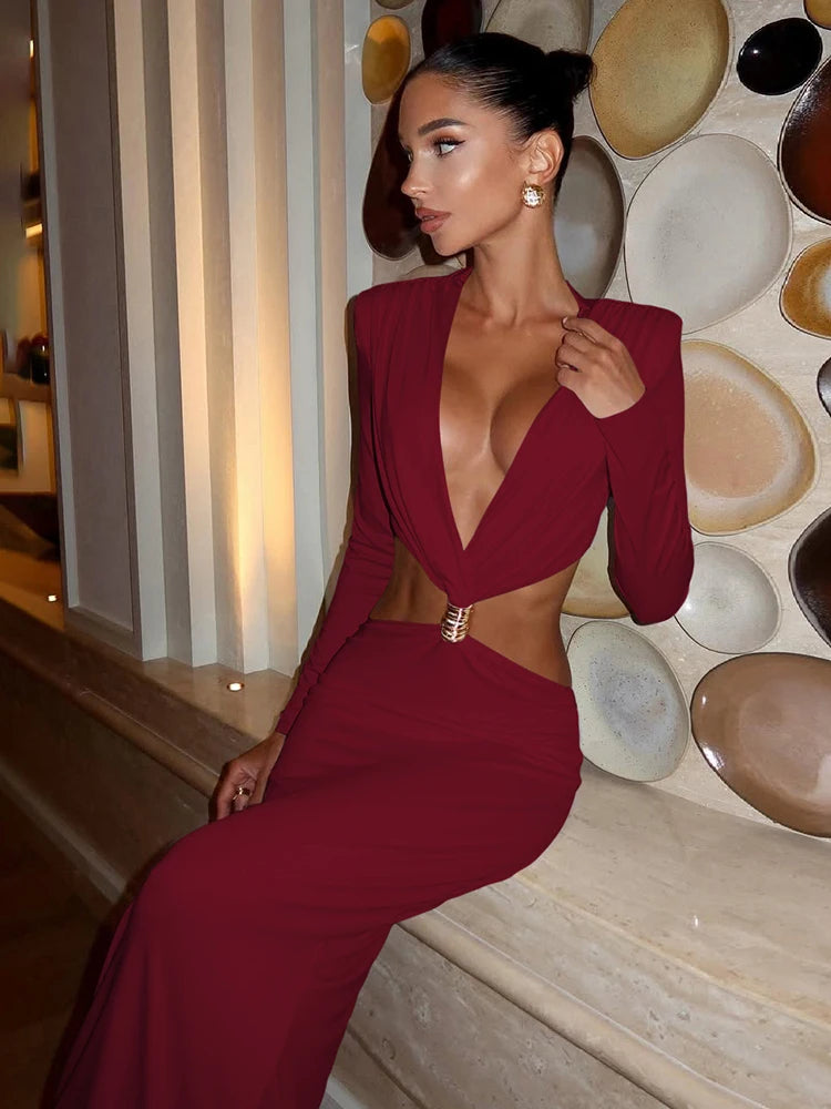 Weird Puss Waistless Elegant Dress Women Classic Full Sleeve Padded Bra Deep v-Neck Metal Buckle Hipster Simple Skinny Vestidos