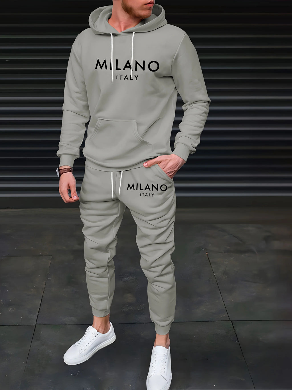 Men's Autumn/Winter Casual Warm MILANO ITALY Letter Printed Loose Thick Velvet Sports Hoodie+Sweatpants Set