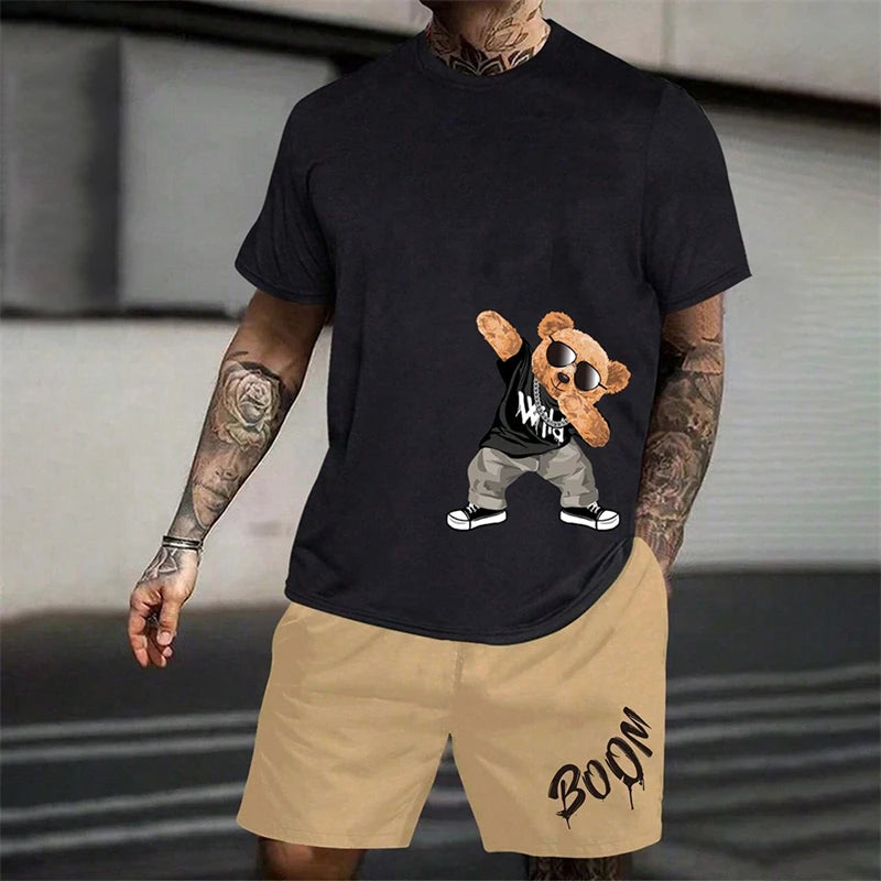 Fun Bear Harajuku T-Shirt Men's Summer Loose Daily Couple Suit Outdoor Street Short Sleeve Shorts Two Piece Men Summer Suit