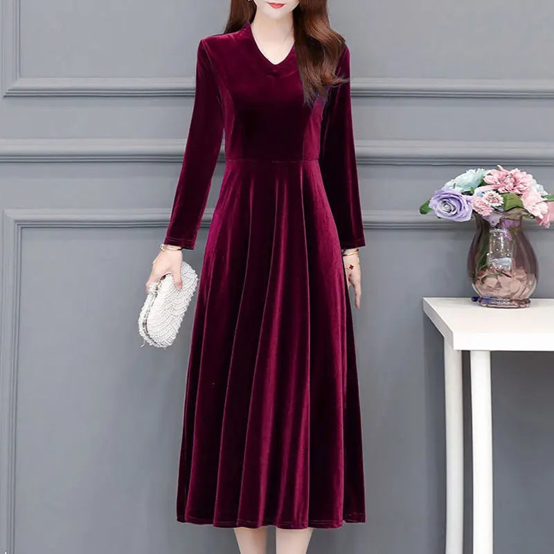 Women's Clothing Solid Color Velvet Dresses Elegant V-Neck Spring Autumn Long Sleeve All-match Casual A-Line Waist Long Dress