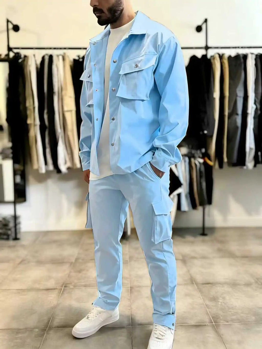 New style fashionable men's casual solid-color collar workwear high-quality multi-pocket long-sleeved jacket and trousers set