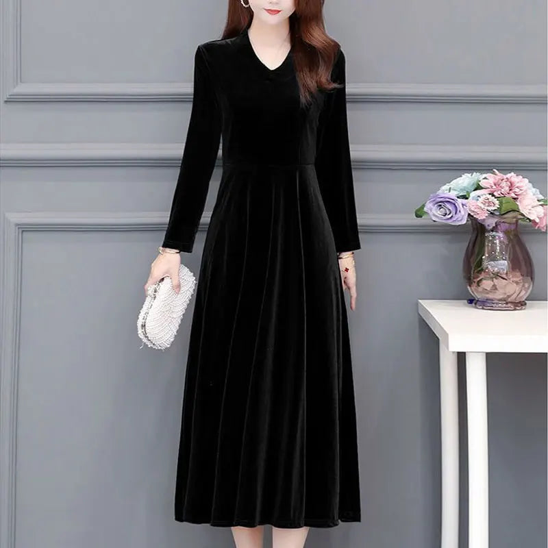 Women's Clothing Solid Color Velvet Dresses Elegant V-Neck Spring Autumn Long Sleeve All-match Casual A-Line Waist Long Dress