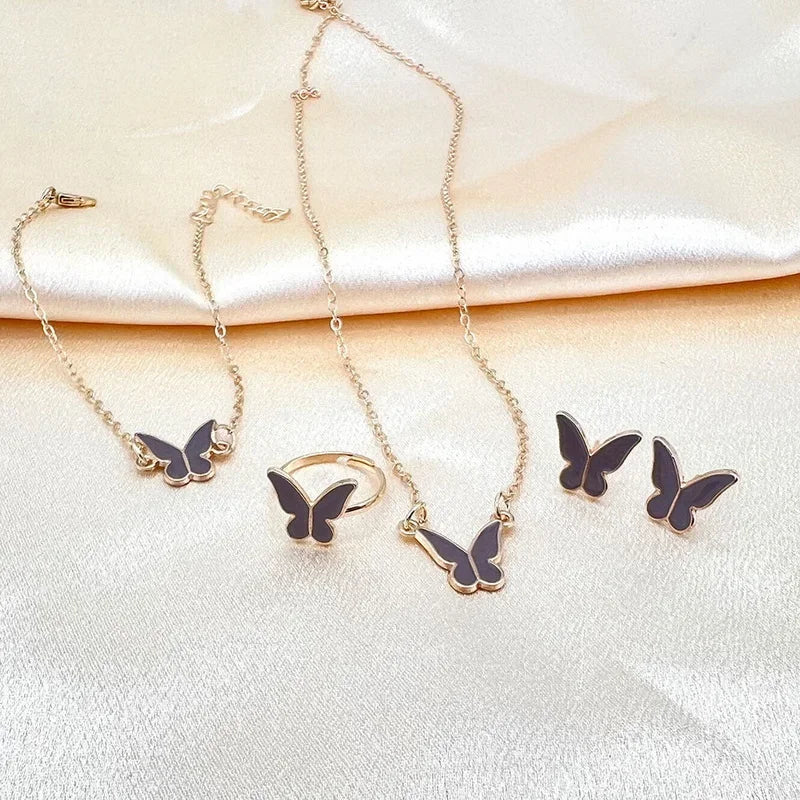 4Pcs/Set Fashion Butterfly Pendant Necklace Earrings Ring Bracelet Set For Women Engagement Wedding Jewelry Set Gift