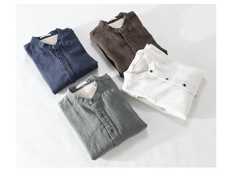9896 High Quality Men Cotton Linen Casual Shirt Simple Solid Color Stand Collar Long Sleeve Basic Blouse Healthy Cozy Daily Tops