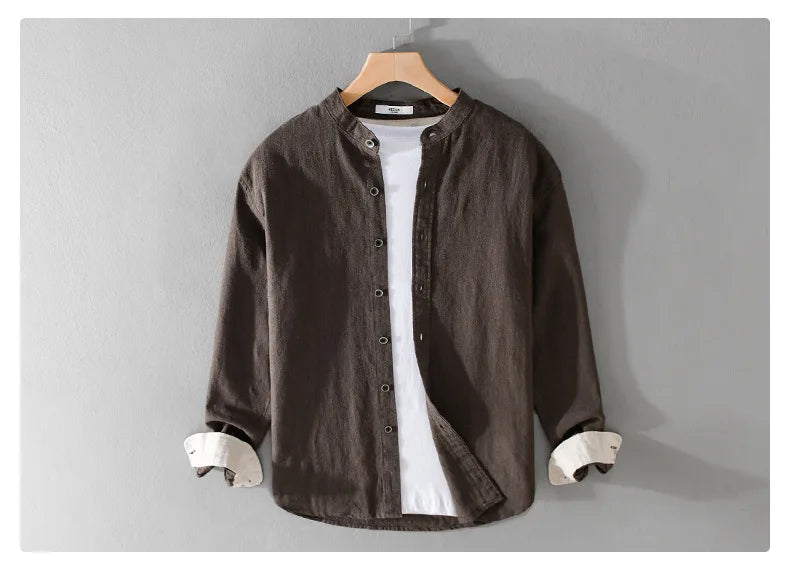 9896 High Quality Men Cotton Linen Casual Shirt Simple Solid Color Stand Collar Long Sleeve Basic Blouse Healthy Cozy Daily Tops