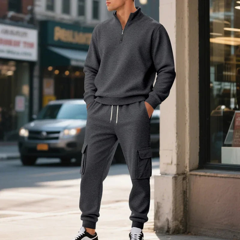 Men's Long-Sleeved Fleece Sweatshirt Suit Stand-up Collar Zipper American Men's Clothing Autumn Winter New 1/2pieces