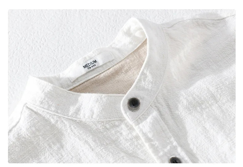 9896 High Quality Men Cotton Linen Casual Shirt Simple Solid Color Stand Collar Long Sleeve Basic Blouse Healthy Cozy Daily Tops