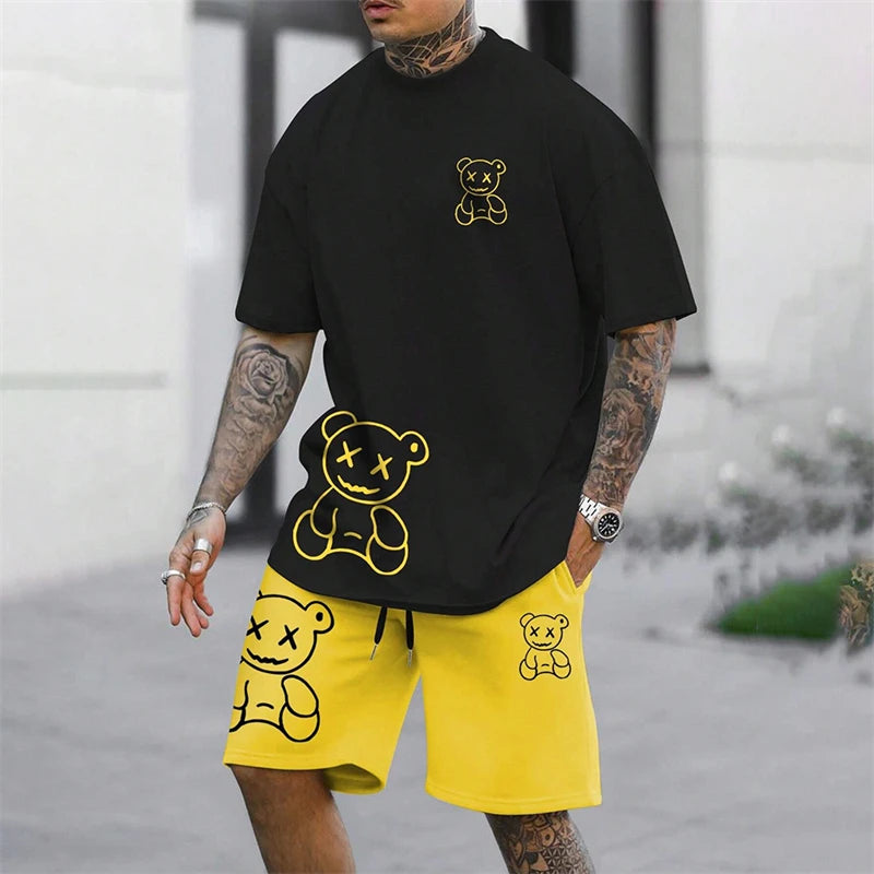 Fun Bear Harajuku T-Shirt Men's Summer Loose Daily Couple Suit Outdoor Street Short Sleeve Shorts Two Piece Men Summer Suit