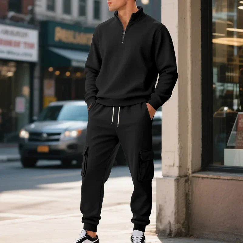 Men's Long-Sleeved Fleece Sweatshirt Suit Stand-up Collar Zipper American Men's Clothing Autumn Winter New 1/2pieces