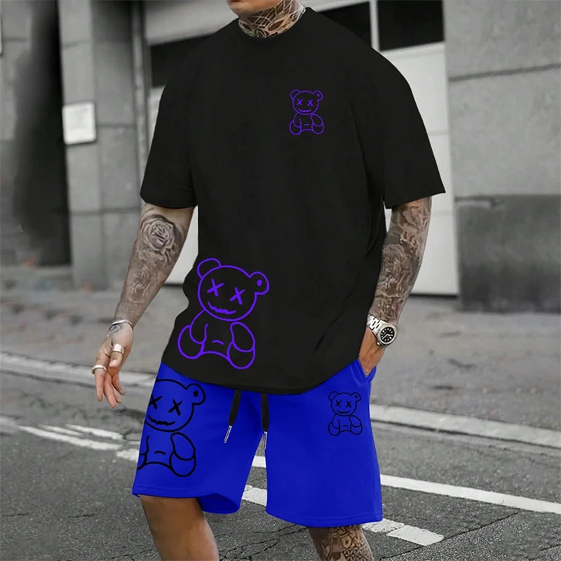 Fun Bear Harajuku T-Shirt Men's Summer Loose Daily Couple Suit Outdoor Street Short Sleeve Shorts Two Piece Men Summer Suit
