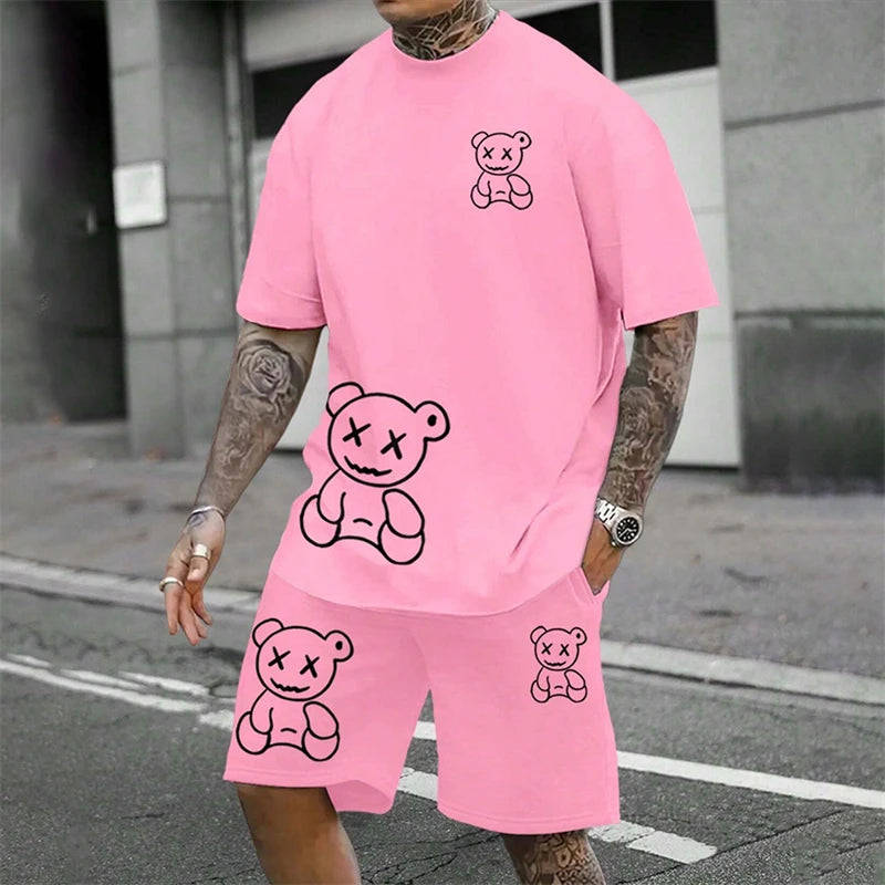 Fun Bear Harajuku T-Shirt Men's Summer Loose Daily Couple Suit Outdoor Street Short Sleeve Shorts Two Piece Men Summer Suit