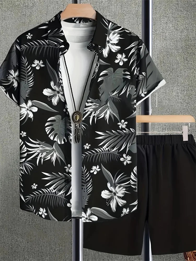 Men's Fashion Short-sleeved Shirt Set, Retro Black Pattern Printed Hawaiian Beach Vacation Style Men's Shirt Set
