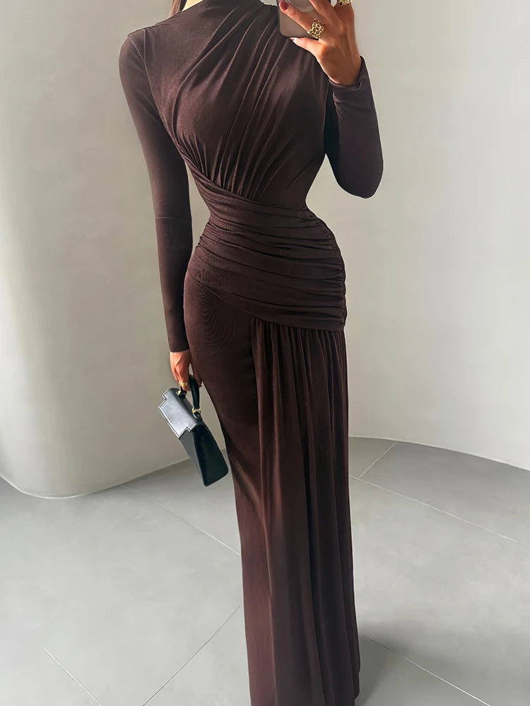 Sisterlinda Folds Maxi Dress Women o-Neck Full Sleeve Solid Banquet Elegant Vacation Fashion Autumn Skinny Casual Simple Vestido