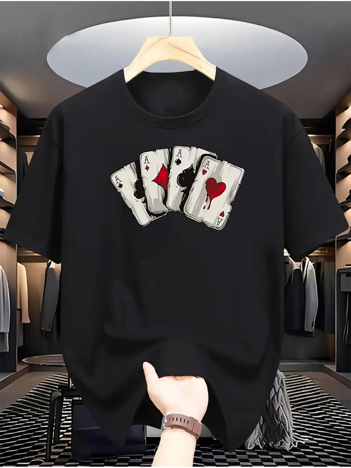 Summer men's 100% pure cotton poker card graphic print casual loose sports comfortable round neck short sleeved T-shirt top