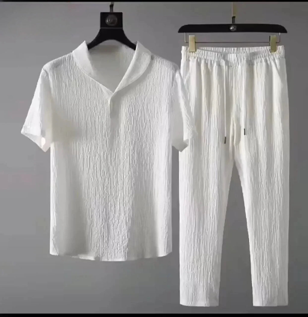 Summer Ultra-thin Five-piece Ice Silk Linen Suit Men's Cotton Linen 2-piece Set Loose-fit Mid-sleeve T-shirt Sports Wear