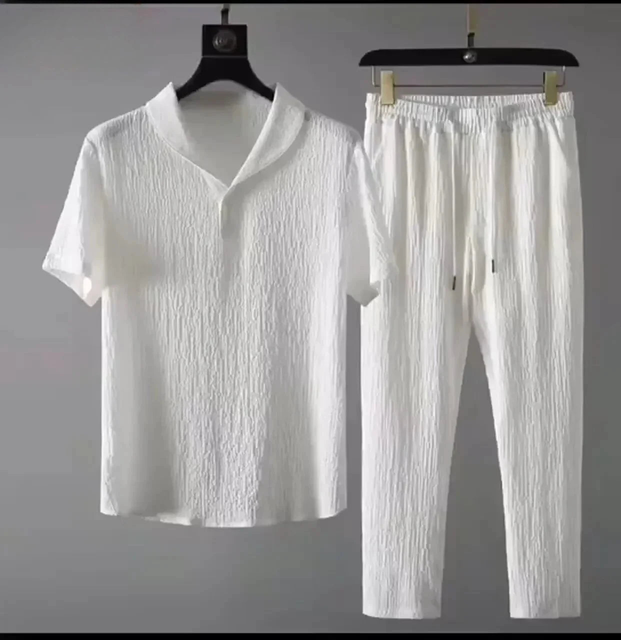 Summer Ultra-thin Five-piece Ice Silk Linen Suit Men's Cotton Linen 2-piece Set Loose-fit Mid-sleeve T-shirt Sports Wear