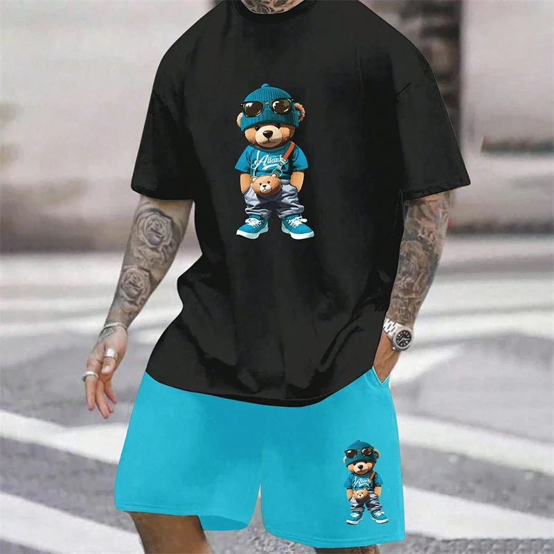 Fun Bear Harajuku T-Shirt Men's Summer Loose Daily Couple Suit Outdoor Street Short Sleeve Shorts Two Piece Men Summer Suit