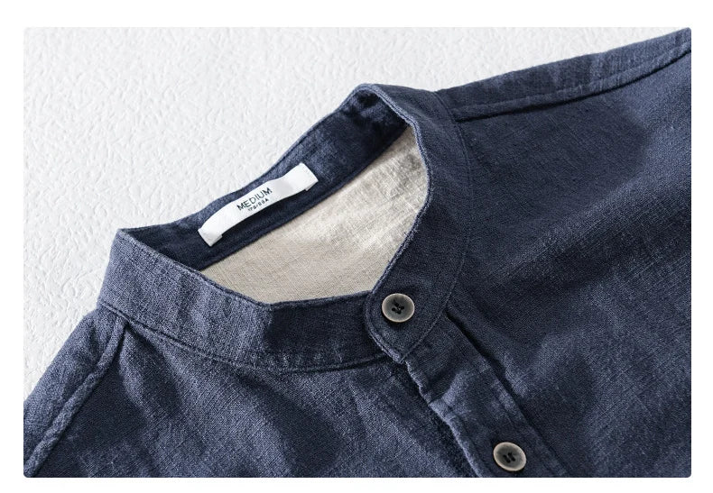 9896 High Quality Men Cotton Linen Casual Shirt Simple Solid Color Stand Collar Long Sleeve Basic Blouse Healthy Cozy Daily Tops