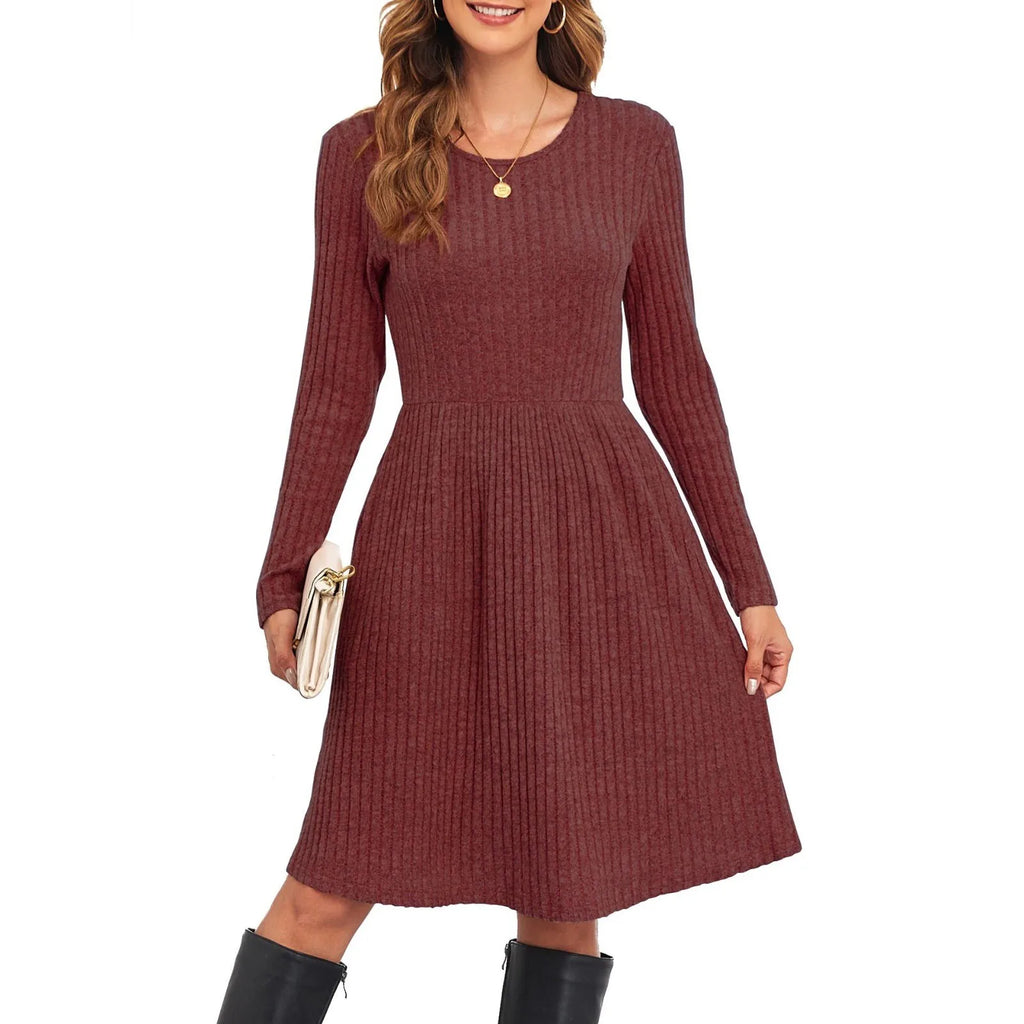 Autumn Women's Fashionable Mid-length Knitted Dress Solid-Color Round Neck Long Sleeve A-line Dress Casual Knee-length Dresses