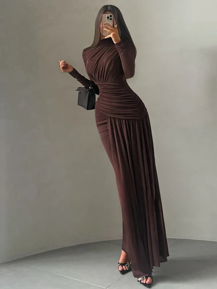 Sisterlinda Folds Maxi Dress Women o-Neck Full Sleeve Solid Banquet Elegant Vacation Fashion Autumn Skinny Casual Simple Vestido