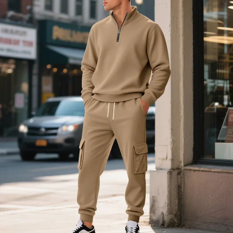 Men's Long-Sleeved Fleece Sweatshirt Suit Stand-up Collar Zipper American Men's Clothing Autumn Winter New 1/2pieces