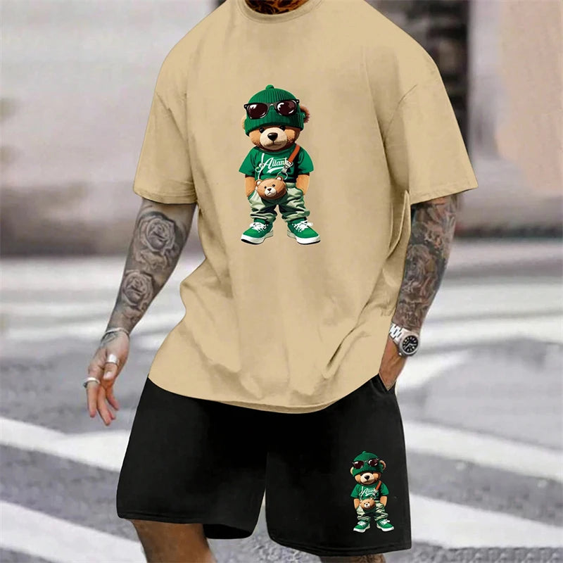 Fun Bear Harajuku T-Shirt Men's Summer Loose Daily Couple Suit Outdoor Street Short Sleeve Shorts Two Piece Men Summer Suit